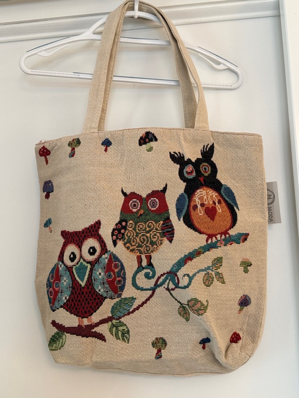 Cream Canvas Tote Bag with Colorful Owl Motif